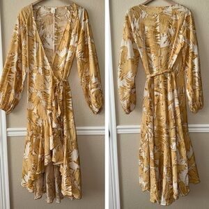 H&M High Low Midi Wrap Dress Yellow Ivory Artsy Abstract Print Size Small